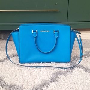 Michael Kors Selma Saffiano Leather Handbag with crossbody strap, blue